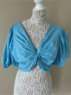 cinq a sept Sky-Blue Twist Knot Puff-Sleeve Crop Top